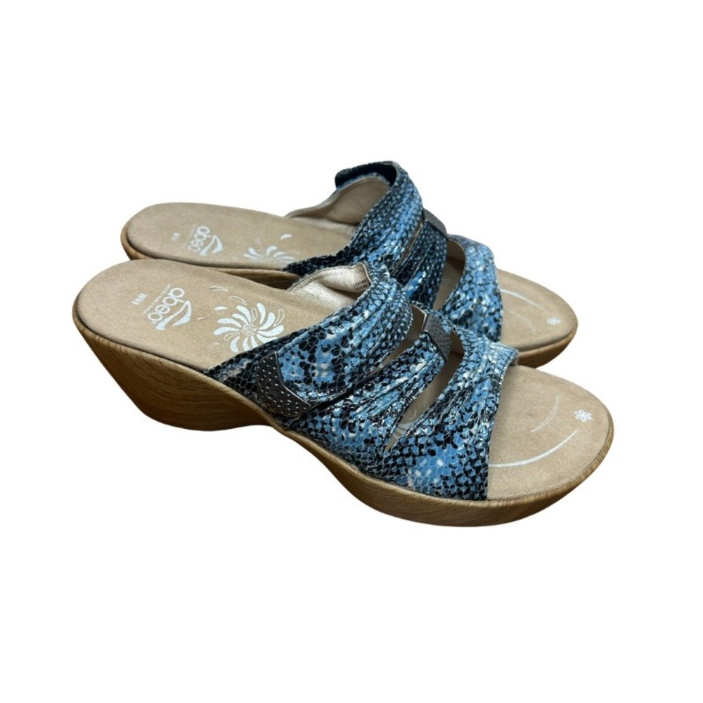 Abeo Women's Wedge Slides Strappy Sandals Size 8 Blue Snakeskin Leather NEW